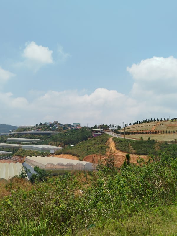 Rural Vietnam development: construction machinery, greenhouses, traditional farming observed