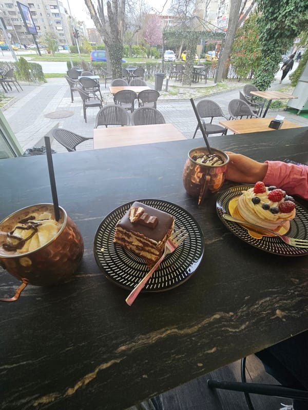 Afternoon moments in Plovdiv: desserts served, modern church photographed