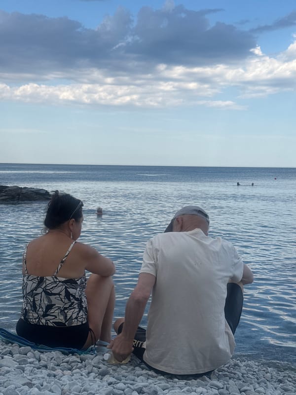 Afternoon at a pebble beach on the Black Sea in Partenit