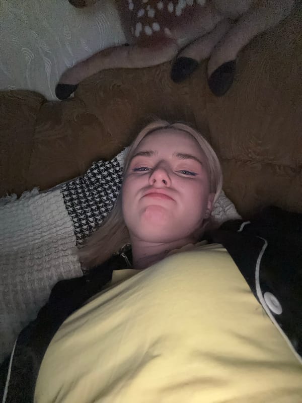 Casual couch selfies in a dim Russian room with a plush deer