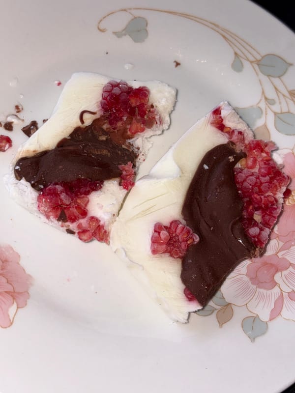 Chocolate bark dessert with raspberries spotted in Mexico City
