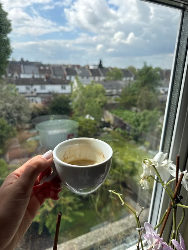 Coffee moment captured at London window overlook