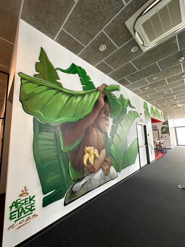 Tropical-themed street art documented inside Varna building