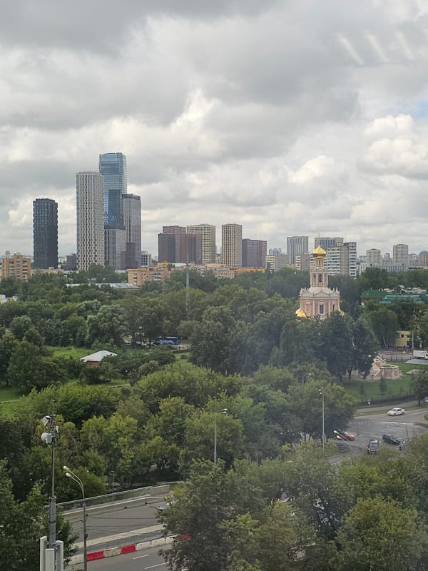 Moscow on a grey morning, street and skyline