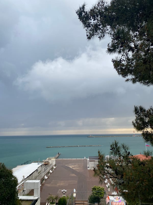 Tourist captures scenic views around Sochi waterfront under overcast skies