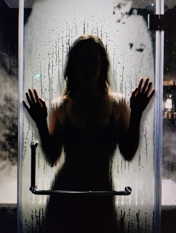 Steamy shower door silhouettes, multiple poses, one evening