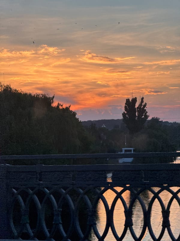 Sunset over a Vinnytsia river, framed by an ornate bridge railing.