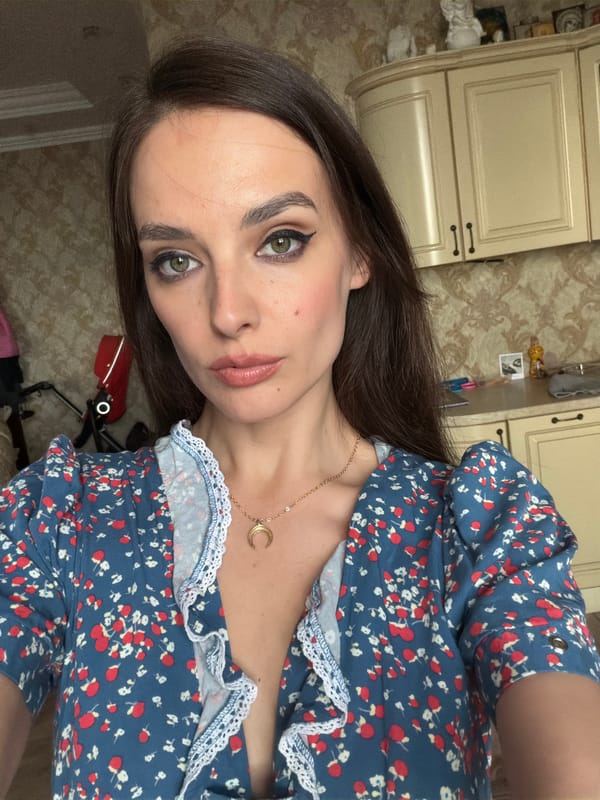 Kitchen selfies in a blue floral dress, Ufa