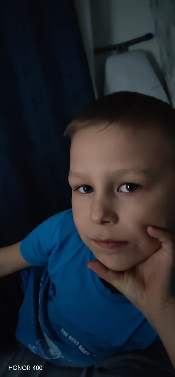 Boy rests at home with dog, Olivier salad in Noviy