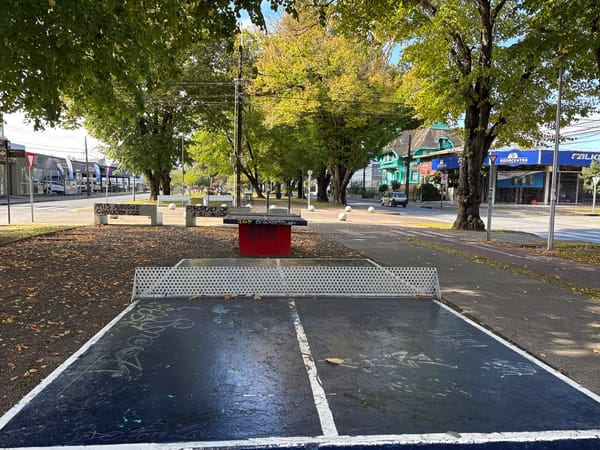Graffitied ping pong table spotted on Osorno street median