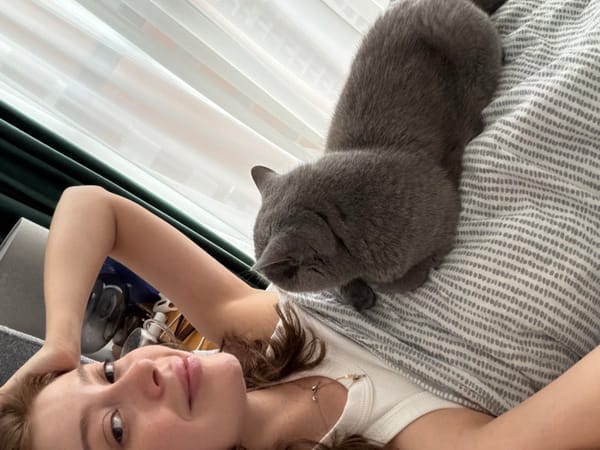 Woman photographed with grey cat in Tbilisi home