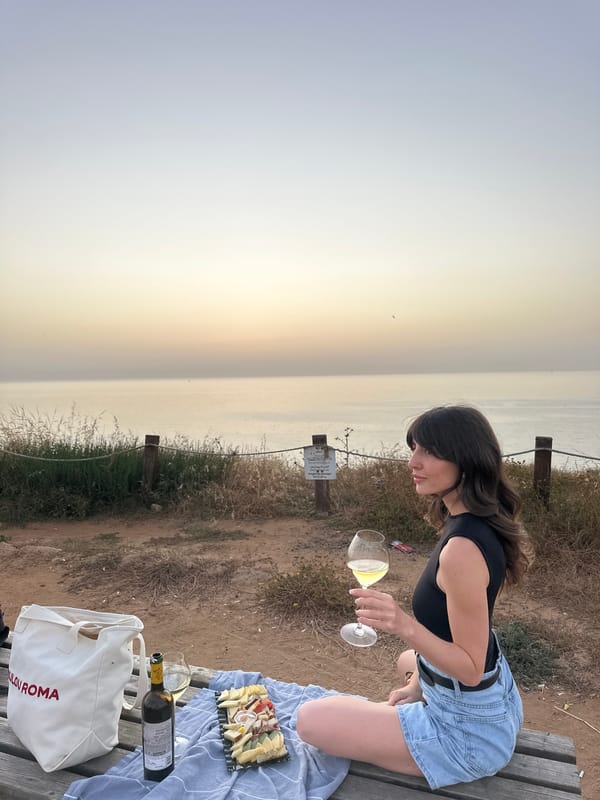 Woman with wine glass observed at Tel Aviv cliff overlook