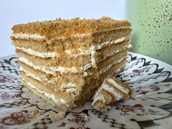Layered cake photographed in Rusanovo, Russia