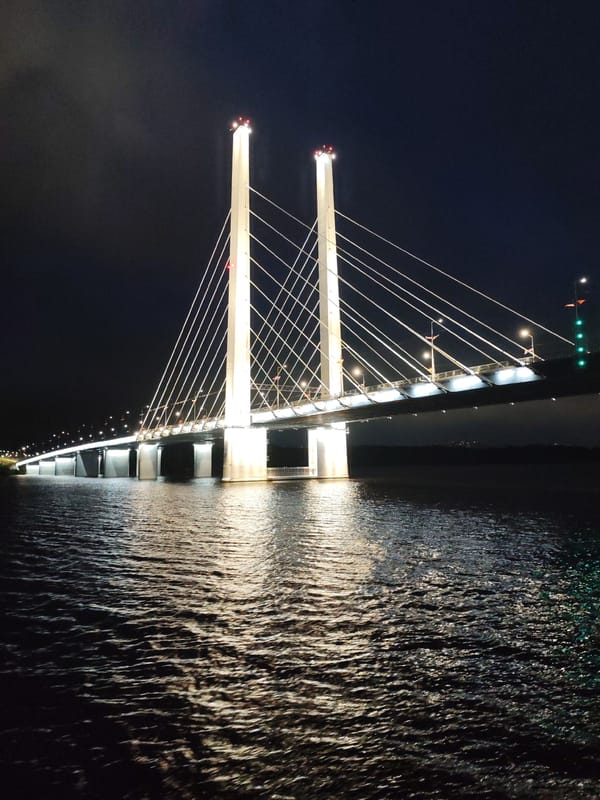 Nighttime bridge and waterfront infrastructure documented by witness
