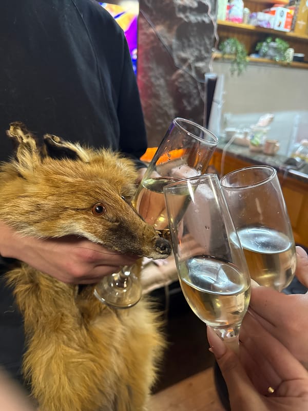 Person wears fur accessories at gathering with taxidermied animals