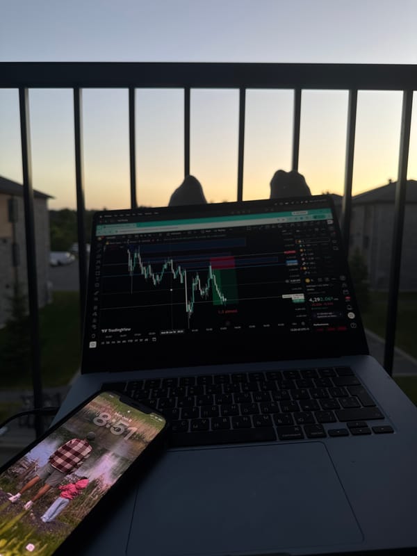 Late-night balcony trading session with cat companion in Gatineau