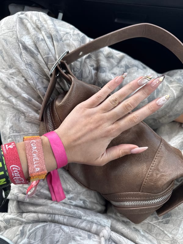 Person with decorated nails touches leather handbag in Riverside