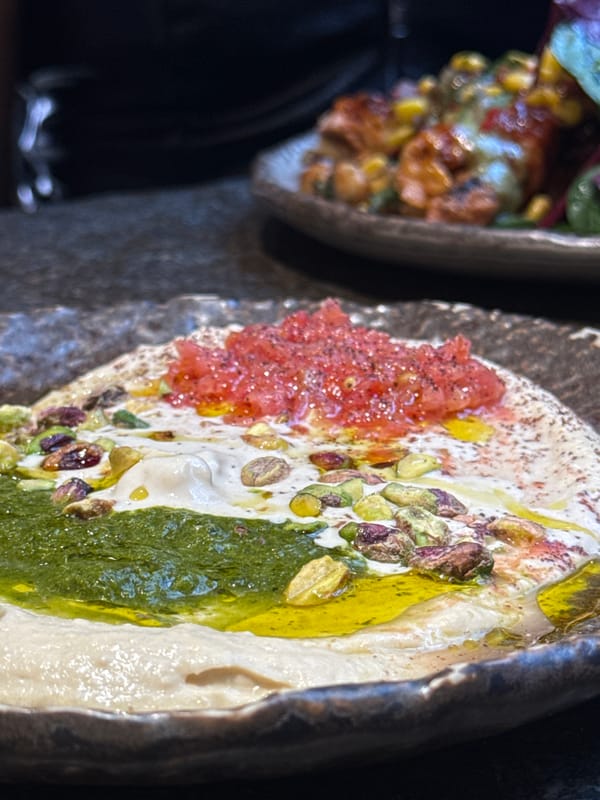 Vibrant hummus dish photographed in Barcelona dining venue