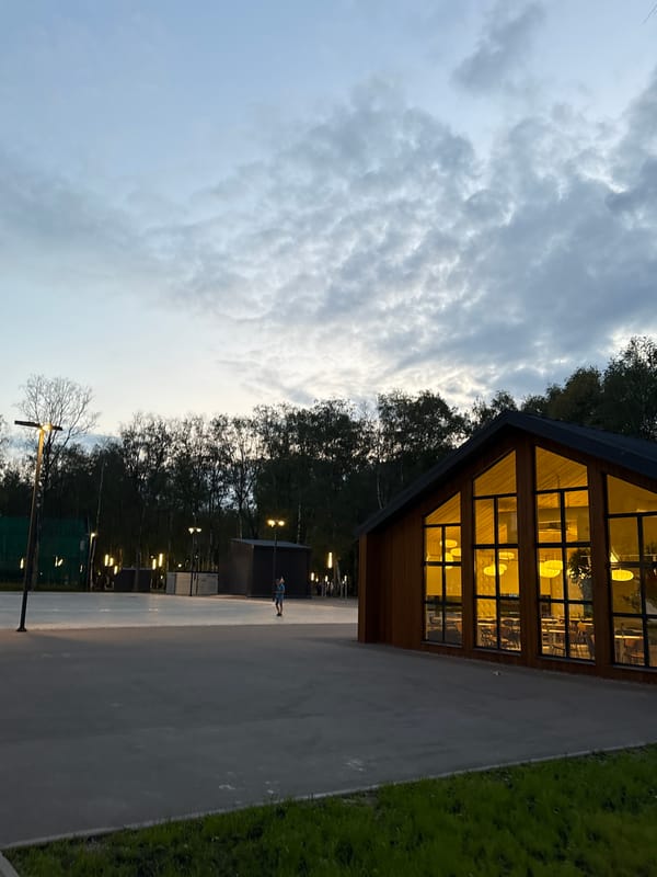 Summer evening at a Lobnya park and surrounding neighborhood