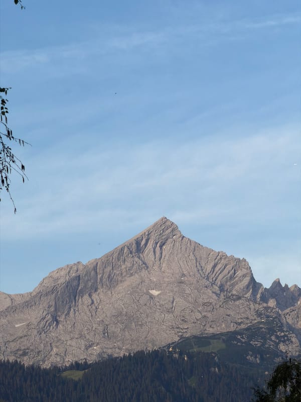 Zugspitze peak rises above evergreen forest under clear skies
