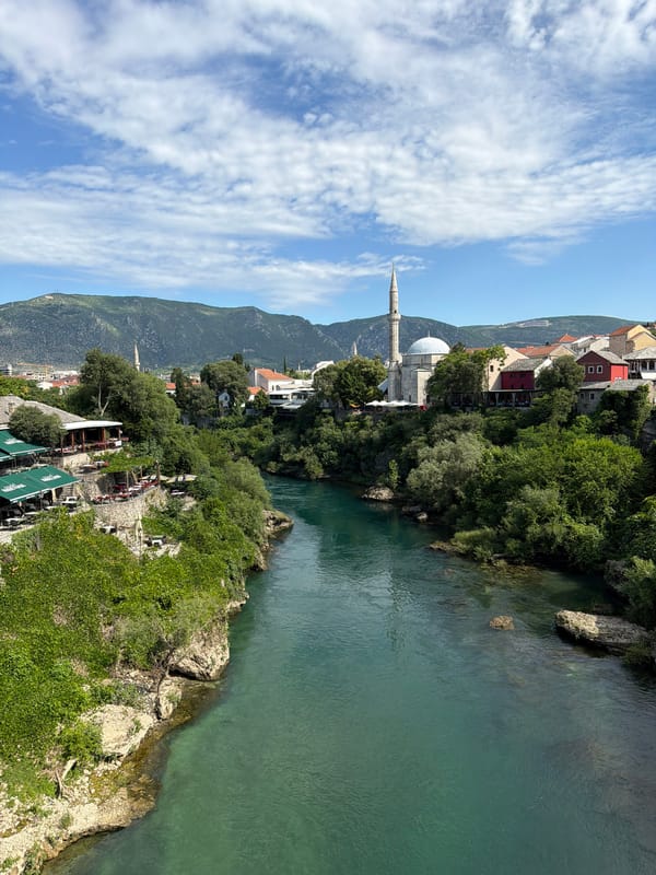 Morning scenes captured at Mostar's historic Old Bridge district