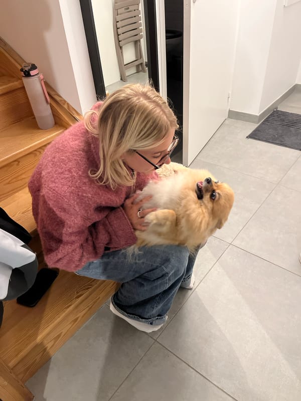 Woman with Pomeranian dog sits on wooden stairs in Chambœuf