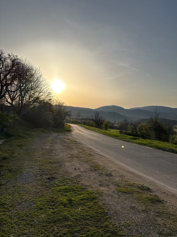 Rural roadside stop documented during sunset in Bulgarian countryside