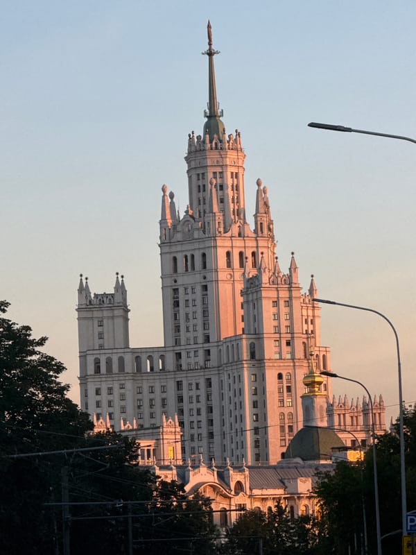 Moscow's Kotelnicheskaya skyscraper glowing at golden hour