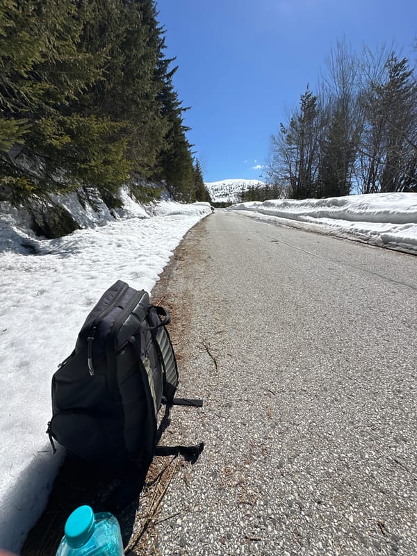 Hiker gear spotted on snowy path near Yundola, Bulgaria