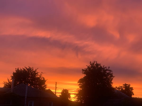 Rainbow and sunset light up the neighborhood sky