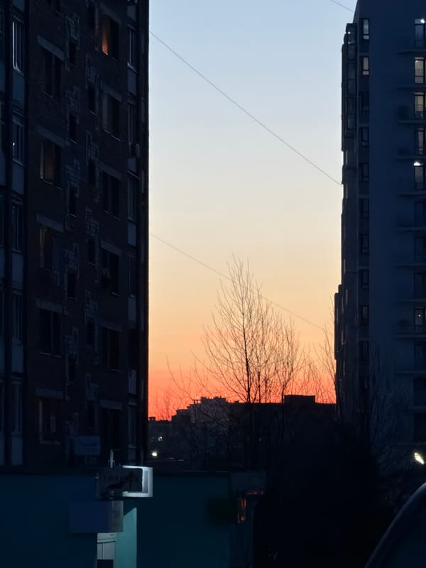 Sunset views captured between buildings in Izhevsk, Russia