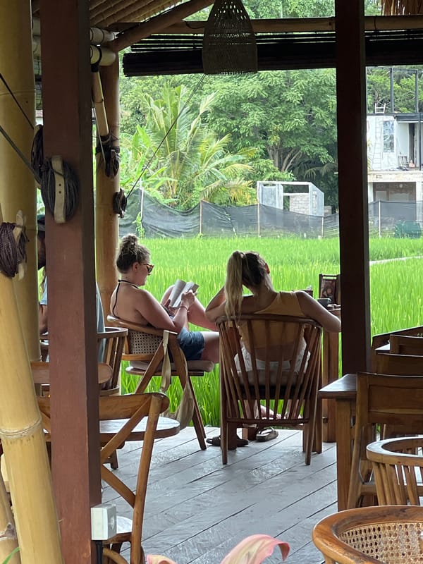 Women rest beside vibrant rice fields in Ubud