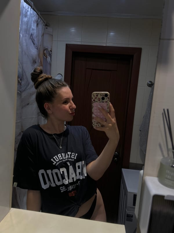 Woman's morning bathroom routine documented in Klin, Russia