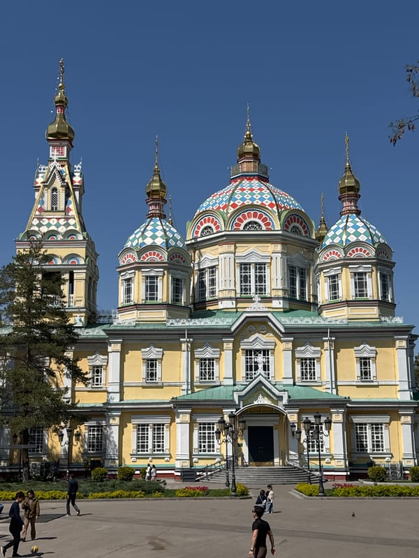 Ascension Cathedral photographed in morning sunlight in Almaty