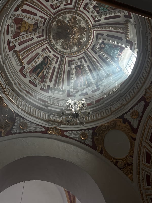 Ornate church ceiling with religious frescoes documented in Puebla