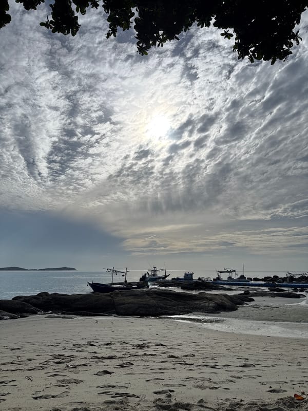 Traditional boats moored along a rocky Ko Samui shoreline