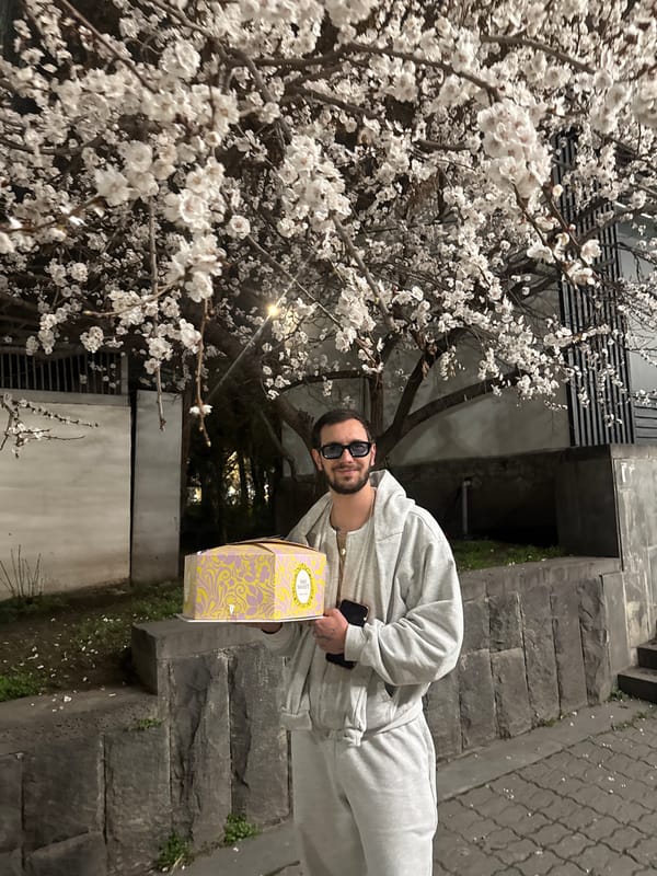 Man photographed outdoors at night in Yerevan, Armenia