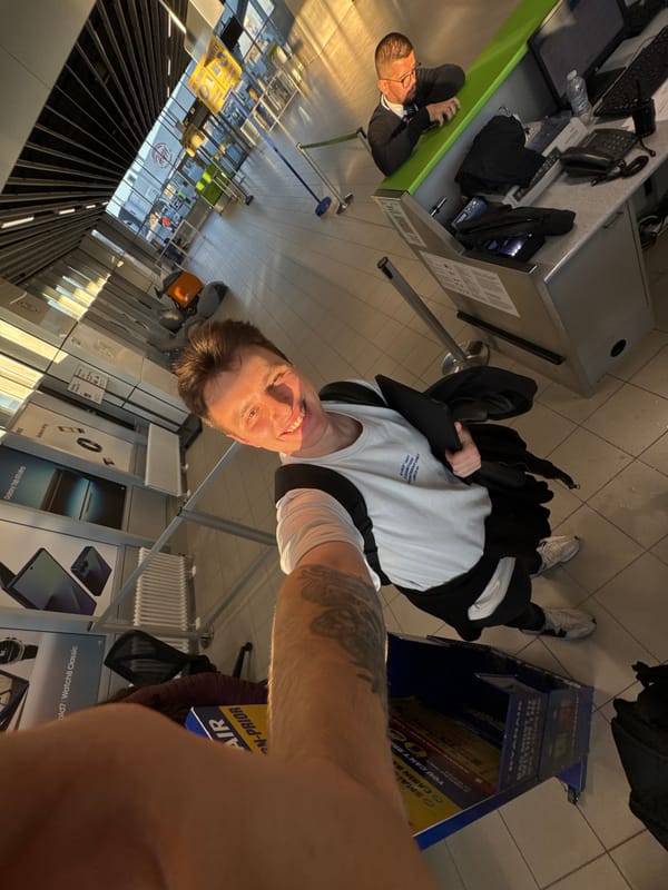 Traveler photographed at Sofia Airport near Ryanair check-in area