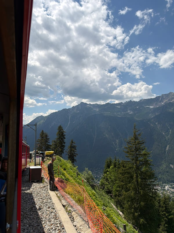 Cogwheel train winding through the Alps above Chamonix