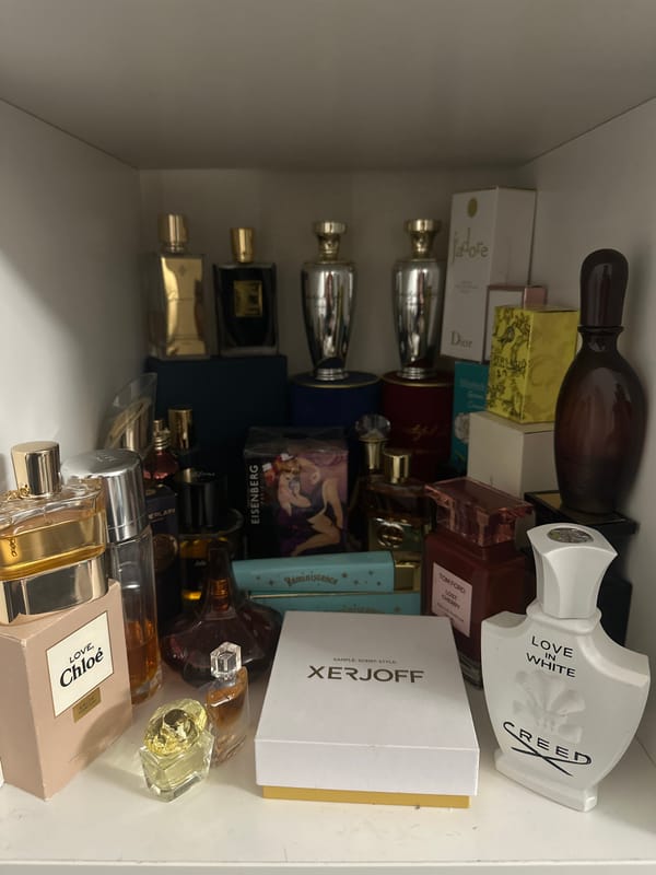 Luxury perfume collection documented on shelves in Riga