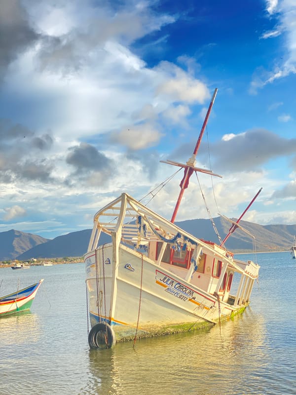 Man takes selfies with boat on Juan Griego beach