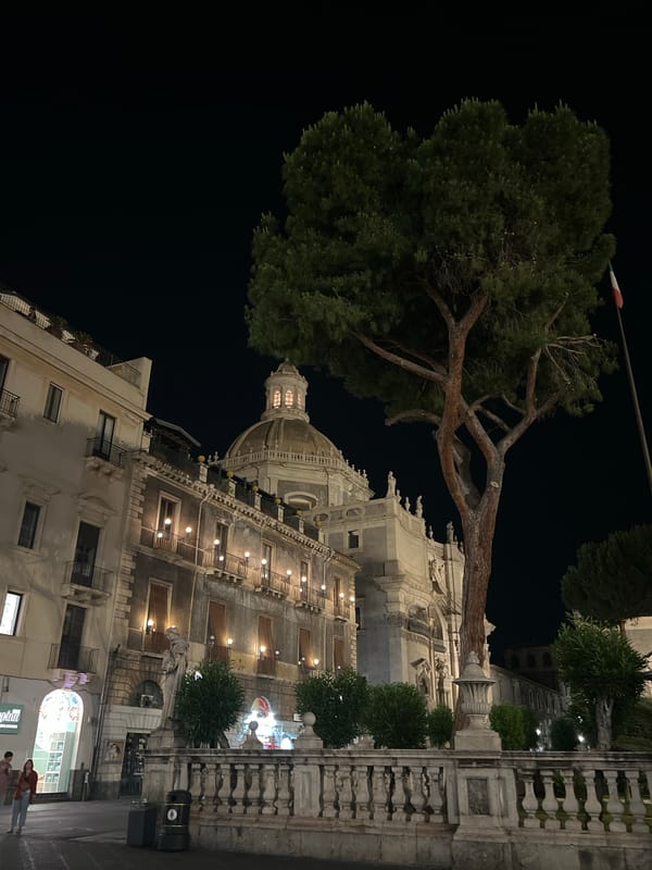 Evening stroll through illuminated Catania's historic squares and pizzeria