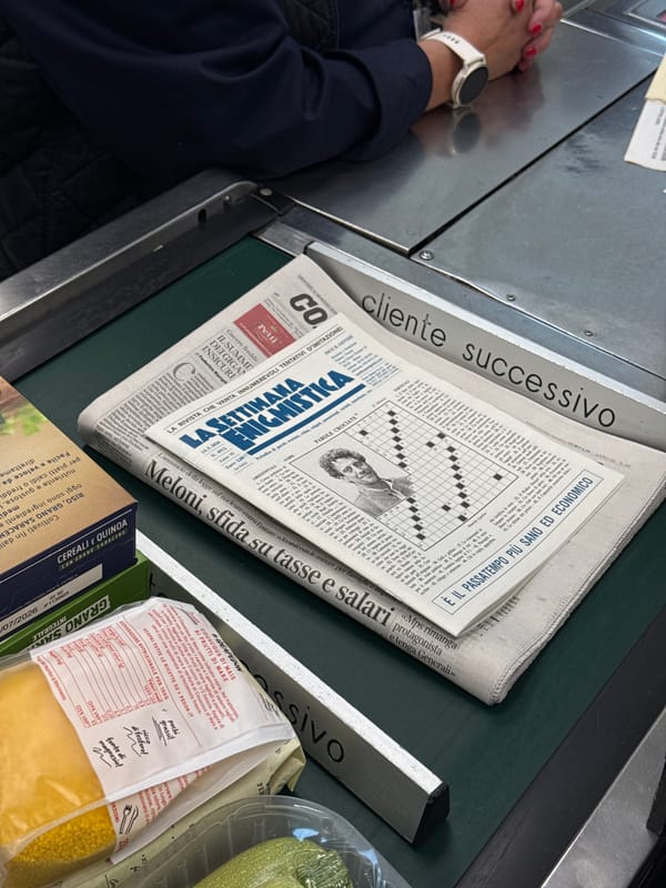 Italian puzzle newspaper spotted on grocery checkout belt in Milan