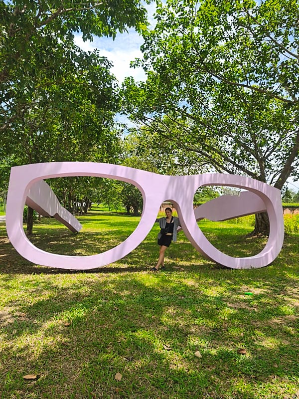 Giant pink glasses sculpture spotted at Khánh Vĩnh park