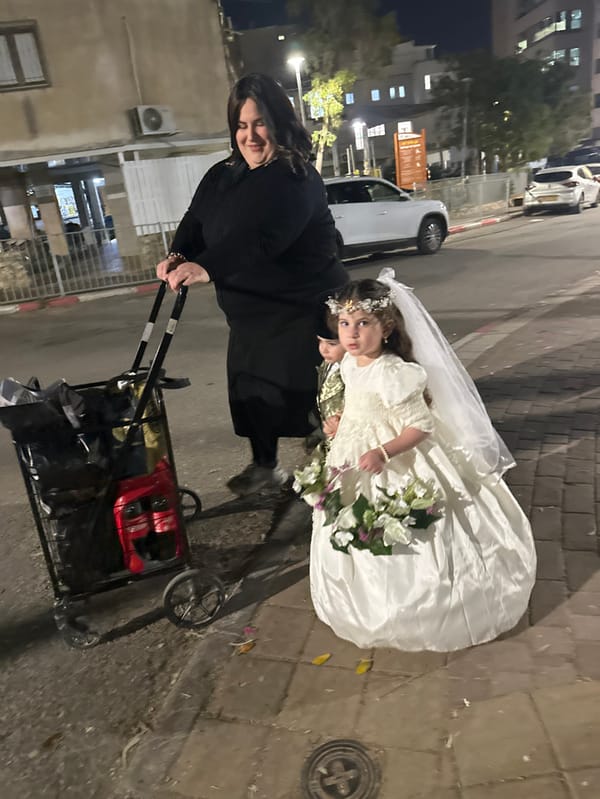 Evening street scene captures residents on Bnei Brak sidewalk
