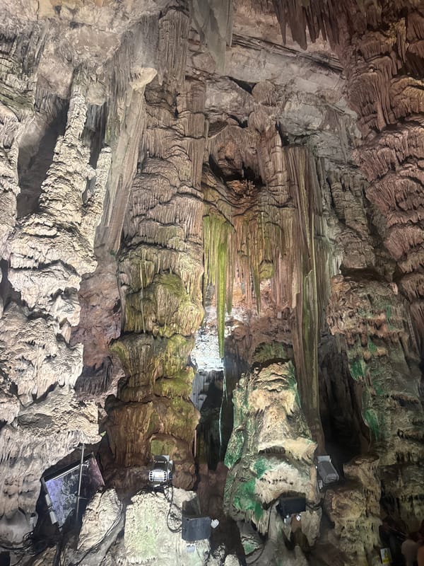 Inside St. Michael's Cave, Gibraltar's colorfully lit limestone cavern
