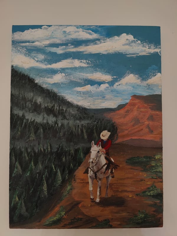 Two paintings observed in Ipswich depicting rider and cityscape