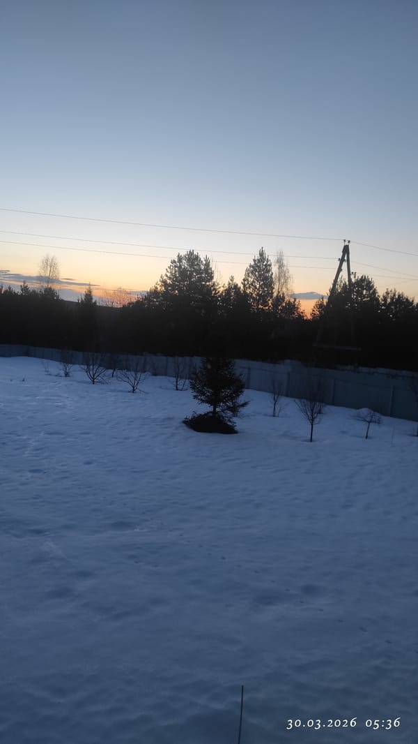 Snow-covered landscape with colorful sky observed in Russian village