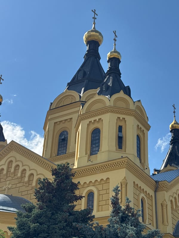 Along the Volga in Nizhny Novgorod: cathedral, boats, and riverfront