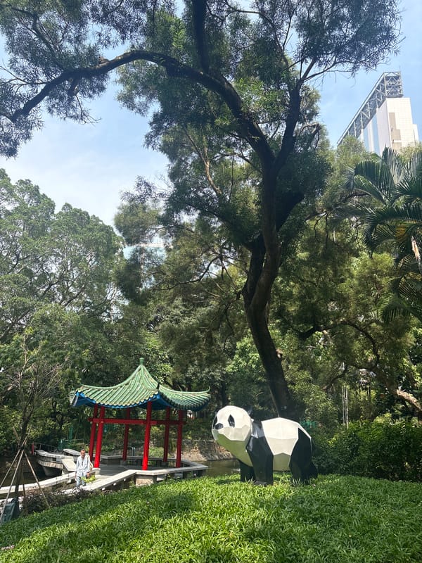 Polygonal panda statue spotted near traditional pavilion in Hong Kong